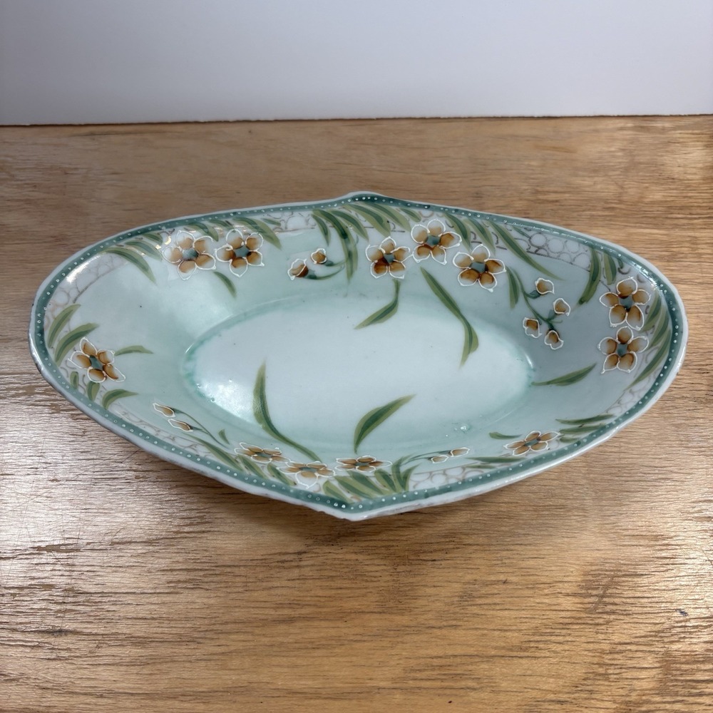 Vintage Japanese Ceramic Floral Console Bowl Scalloped Rim Green Decorative